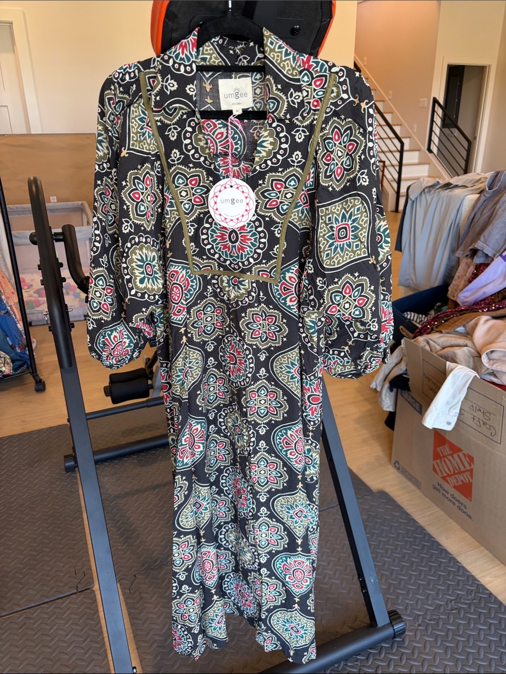 Umgee Black Maxi Dress with Red and Green Medallion Print